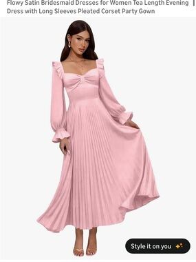 Elegant Pink Satin Tea-Length Dress with Pleated Skirt/Never Worn